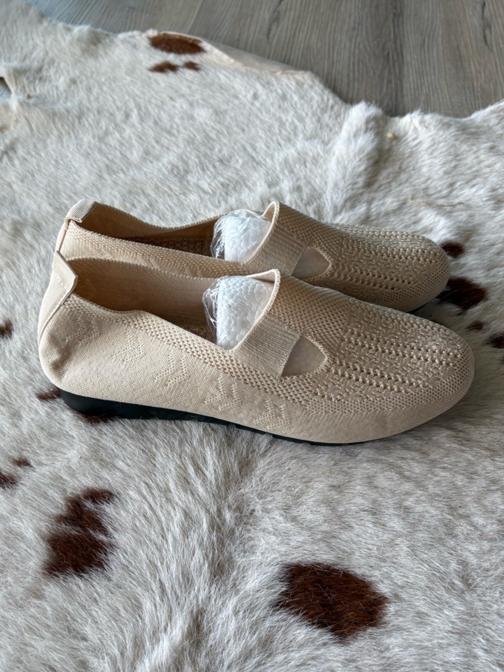 Breathable Knit Slip-On Flats in Light Beige